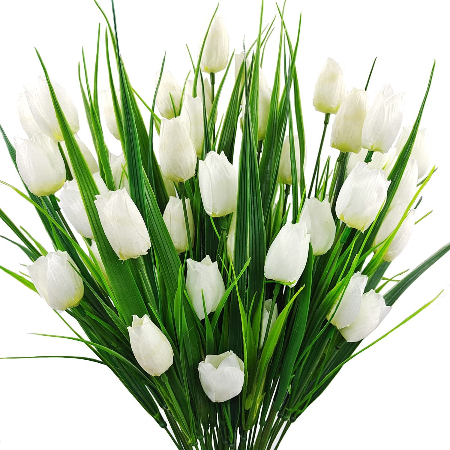 Outdoor Artificial Tulips Fake Flowers UV Resistant Faux Plastic Greenery Shrubs Plants for Home Outside Garden Porch Window Farmhouse Decor (White)