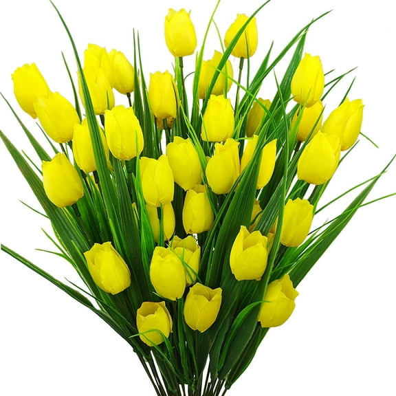 Outdoor Artificial Tulips Fake Flowers UV Resistant Faux Plastic Greenery Shrubs Plants for Home Outside Garden Porch Window Farmhouse Decor (Yellow)