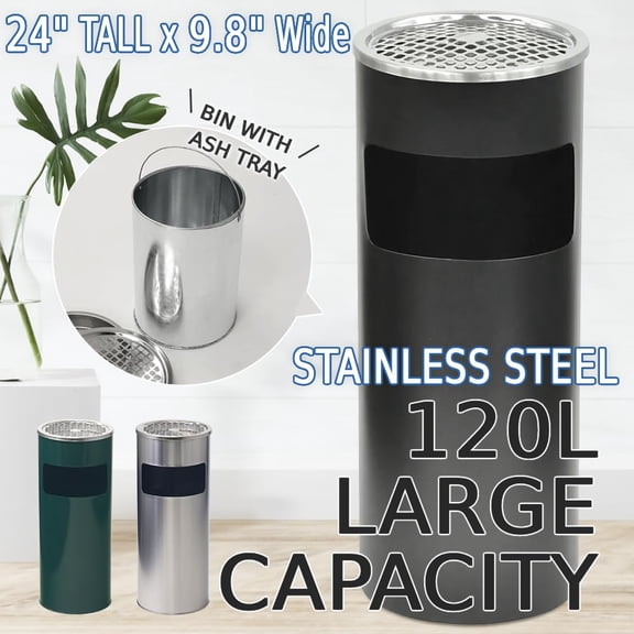 Outdoor Ashtray Trash Can, Stainless Steel Garbage Can, Round Commercial Waste Bin Container Receptacle for Office, Hotel Green