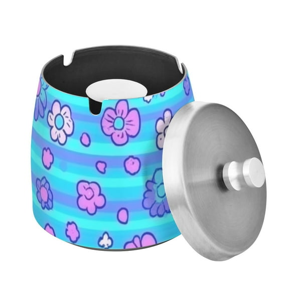 Outdoor Ashtray with Lid for Cigarette Stainless Steel Smokeless Ash Tray for Patio Home Table Decor Blue Stripes with Cute Flowers