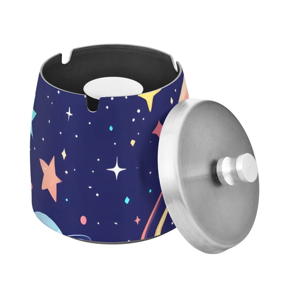 Outdoor Ashtray with Lid for Cigarette Stainless Steel Smokeless Ash Tray for Patio Home Table Decor Cartoon Planet and Star