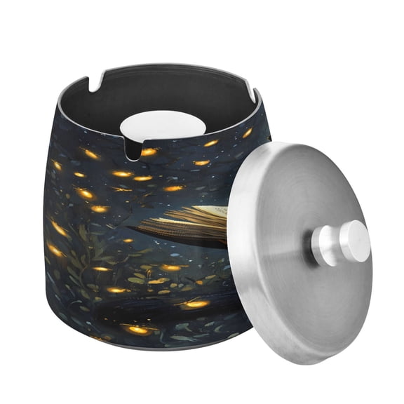Outdoor Ashtray with Lid for Cigarette Stainless Steel Smokeless Ash Tray for Patio Home Table Decor Cat Reads Book on Night