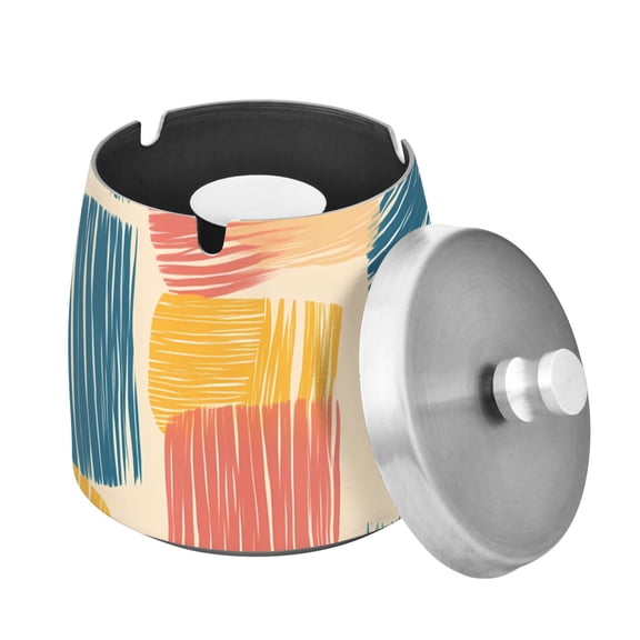 Outdoor Ashtray with Lid for Cigarette Stainless Steel Smokeless Ash Tray for Patio Home Table Decor Colorful Line Doodle Squares