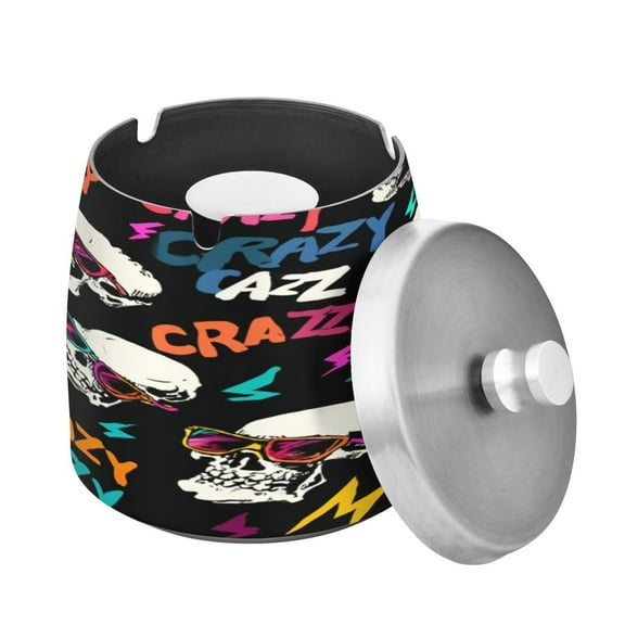 Outdoor Ashtray with Lid for Cigarette Stainless Steel Smokeless Ash Tray for Patio Home Table Decor Crazy Cool Skull