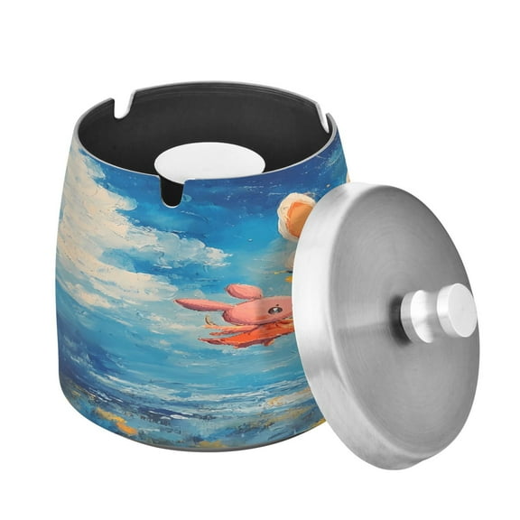 Outdoor Ashtray with Lid for Cigarette Stainless Steel Smokeless Ash Tray for Patio Home Table Decor Cute Rabbits Flying
