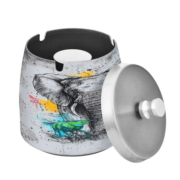 Outdoor Ashtray with Lid for Cigarette Stainless Steel Smokeless Ash Tray for Patio Home Table Decor Elephants Birds