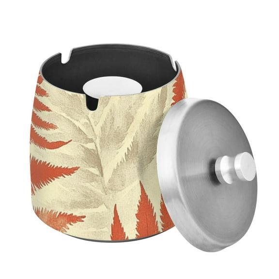 Outdoor Ashtray with Lid for Cigarette Stainless Steel Smokeless Ash Tray for Patio Home Table Decor Fern Leaves