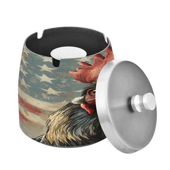 Outdoor Ashtray with Lid for Cigarette Stainless Steel Smokeless Ash Tray for Patio Home Table Decor Retro Chicken with American Flag