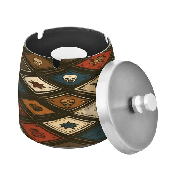 Outdoor Ashtray with Lid for Cigarette Stainless Steel Smokeless Ash Tray for Patio Home Table Decor Skull Star Card