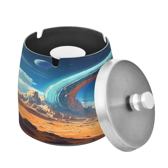 Outdoor Ashtray with Lid for Cigarette Stainless Steel Smokeless Ash Tray for Patio Home Table Decor Stargate in Desert