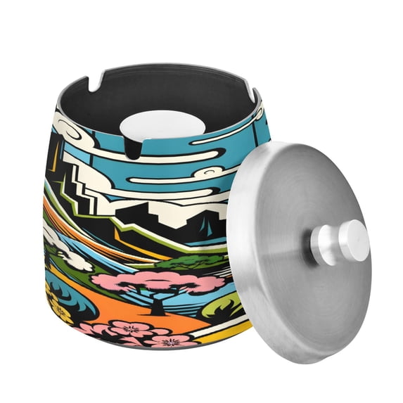 Outdoor Ashtray with Lid for Cigarette Stainless Steel Smokeless Ash Tray for Patio Home Table Decor Vibrant Woodblock Landscapes