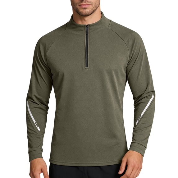 Outdoor Athletic Shirts for Men Quarter Zipper Stand Collar Tops with Long Sleeve Spring Running Hiking Activewear Army Green 2XL