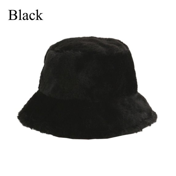 Outdoor Autumn Winter Women Lady Soft Solid Color Faux Fur Fisherman's Cap Winter Hat Bucket Hat Flat Top Cap BLACK