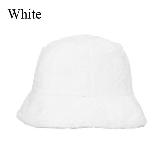 Outdoor Autumn Winter Women Lady Soft Solid Color Faux Fur Fisherman's Cap Winter Hat Bucket Hat Flat Top Cap WHITE