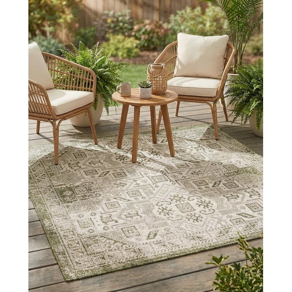 - Outdoor Aztec Rug 5 Ft Square Green Indoor/Outdoor Rug Weather Resistant Flatweave for Patio, Deck, and Porch
