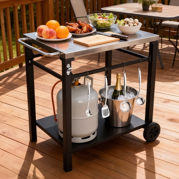 Outdoor BBQ Cart, Double-Layer Stainless Steel Grill Table with Large Wheels & Outriggers, Built-in Opener & Hooks, Weather-Resistant Heavy-Duty Portable Grill Cart for Patio BBQ Party