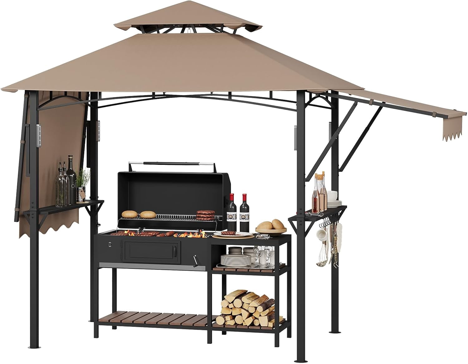 Outdoor BBQ Gazebo,8*5FT  Patio Grill Gazebos with Adjustable Shadow,2 Handy Shelves, Hooks & Ceiling Light Hook,Barbeque Gazebo Canopy for Backyard Garden Poolside