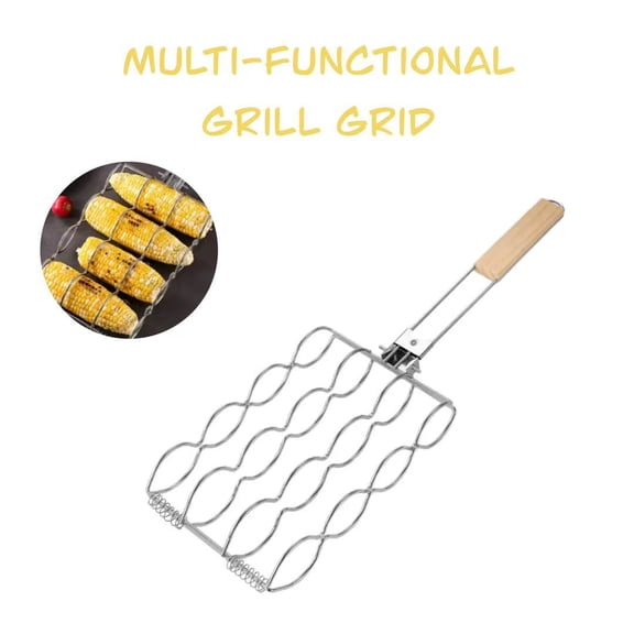 Outdoor BBQ Grill Basket, Stainless Steel with Wooden Handle for Grilling Corn, Vegetables, Chicken & More
