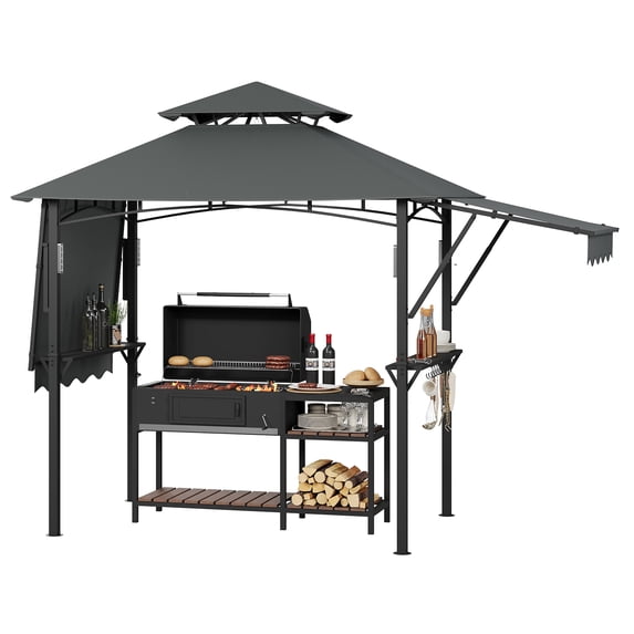 Outdoor BBQ Grill Gazebo with Double-Tier Ventilation - 8' x 5' Grilling Canopy with Shelves & LED Hook - Heavy-Duty Steel Frame Shelter for Backyards & Patios - Charcoal Gray / Khaki