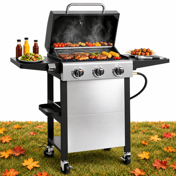 Seizeen Outdoor BBQ Grill, Powerful 30,000BTU Gas Propane Grill, Stainless Steel Grill with Storage Shelves, Portable Grill for RV Party Camping Patio
