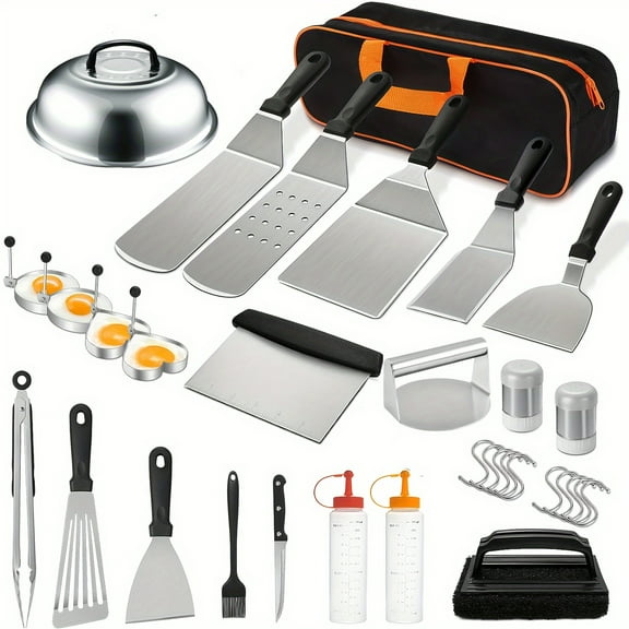 Outdoor BBQ Grill Spatula Set, 33pcs with Pot Lid, Stainless Steel Camping Cooking Tools, Kitchen BBQ Accessories Set, Backyard Barbecue Utensils