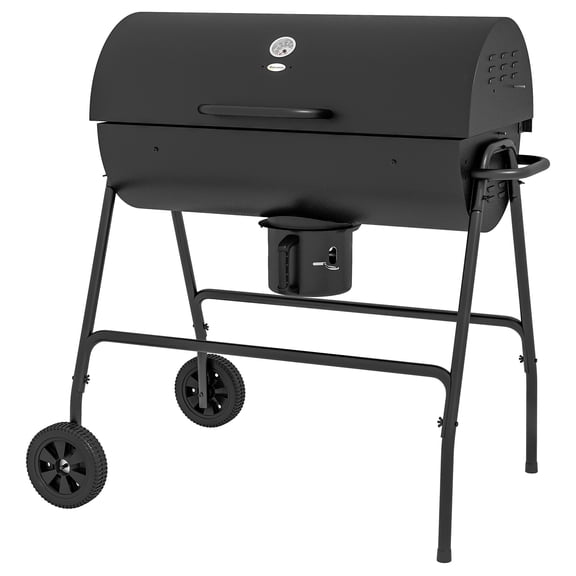 Outdoor BBQ Grills Outsunny Barrel Charcoal BBQ Grill with 420 sq.in. Cooking Area, Outdoor Barbecue with Wheels, Ash Catcher and Built-in Thermometer for Patio Picnic, Backyard Party, Black,Portable