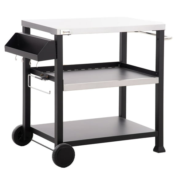 Outdoor BBQ Grills Outsunny Three-Shelf Outdoor Grill Cart with Stainless Steel Tabletop, Side Handle, 32" x 20.5" Multifunctional Pizza Oven Stand, Movable Food Prep Table on Wheels, Black,Portable