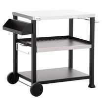 Outdoor BBQ Grills Outsunny Three-Shelf Outdoor Grill Cart with Stainless Steel Tabletop, Side Handle, 32" x 20.5" Multifunctional Pizza Oven Stand, Movable Food Prep Table on Wheels, Black,Portable