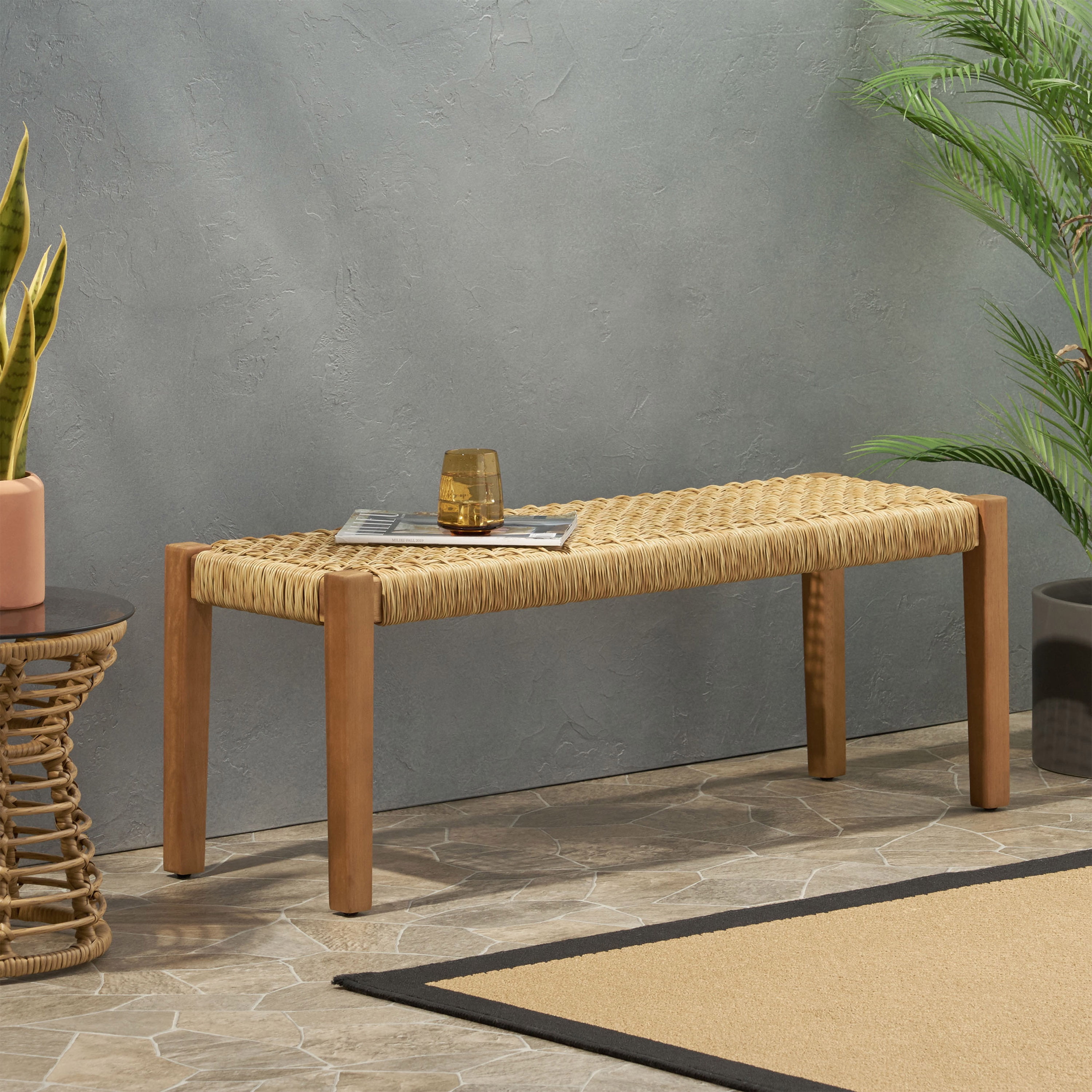 Outdoor Backless Garden Bench, Acacia Wood Public Rest Seat for Patio Garden, Teak Brown