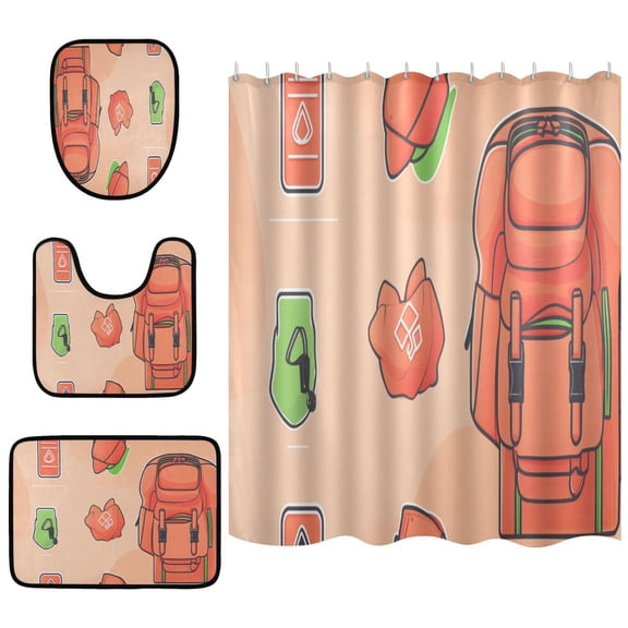 Outdoor Backpack Pattern 4 Piece Bathroom Set Waterproof Bath Curtain Anti-Slip Mats and Toilet Pad Practical and Affordable 66x72in Curtain