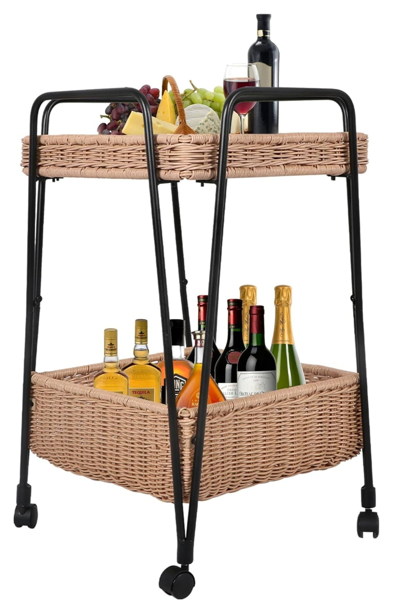 Outdoor Bar Cart, 2 Tier Rolling Patio Cart, Utility Rattan Storage