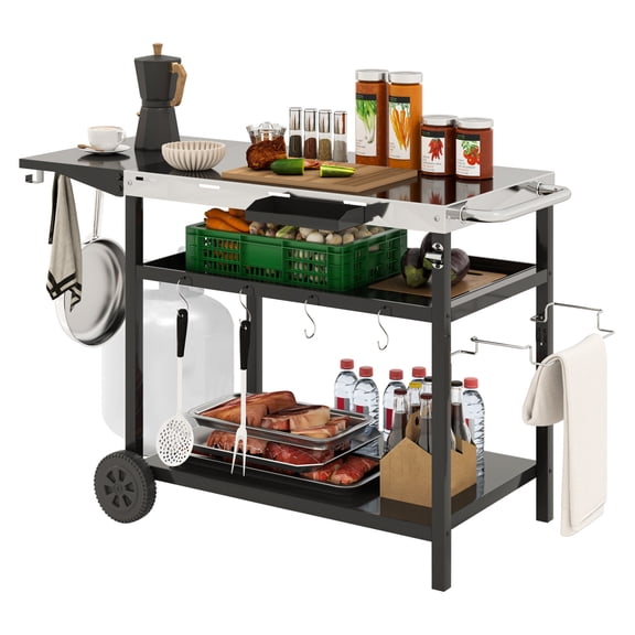 Outdoor Bar Cart Grill Table, Stainless Steel Prep Table with Wheels, Outdoor Serving Cart with Storage & Hooks