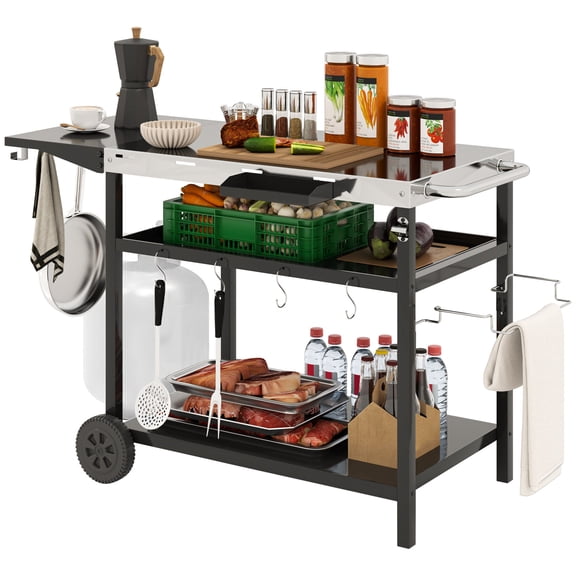 Outdoor Bar Cart Grill Table with Wheels, Stainless Steel Prep Table BBQ Cart for Patio Cooking, Three-Shelf Storage and Hooks