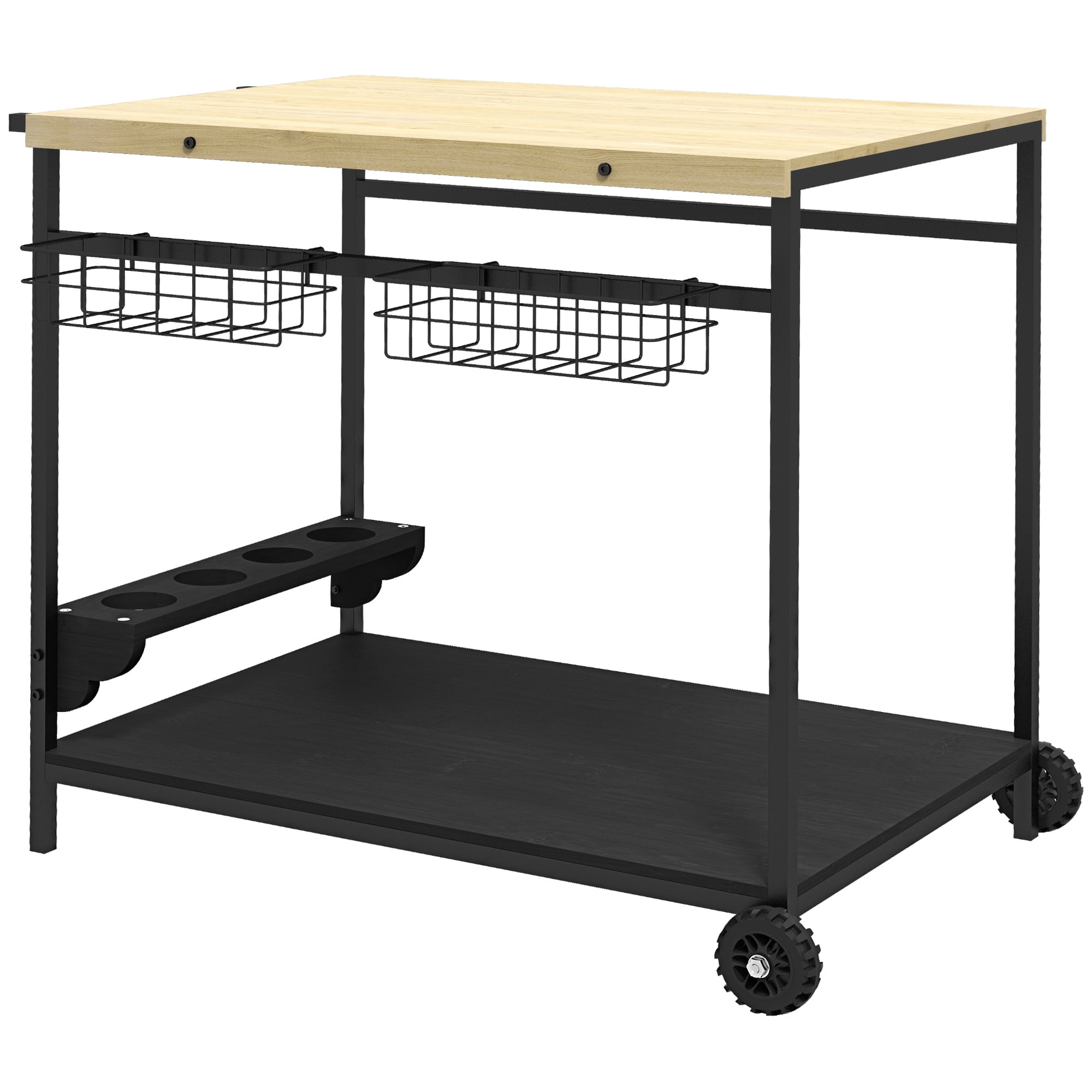 Outdoor Bar Cart, Patio Rolling Serving Cart with Wheels, Side Handle, 2 Storage Baskets and 4 Wine Bottle Holders, Indoor Outdoor Utility Cart for Garden Dining Room
