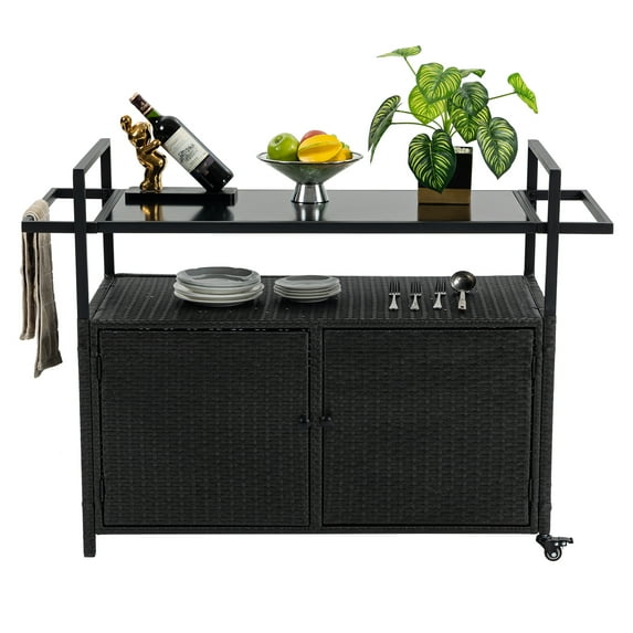 Outdoor Bar Cart,Patio Wicker Wine Serving Cart w/Wheels,Rolling Rattan Beverage Bar Counter Table w/Glass Top for Porch Backyard Garden Poolside Party,Black