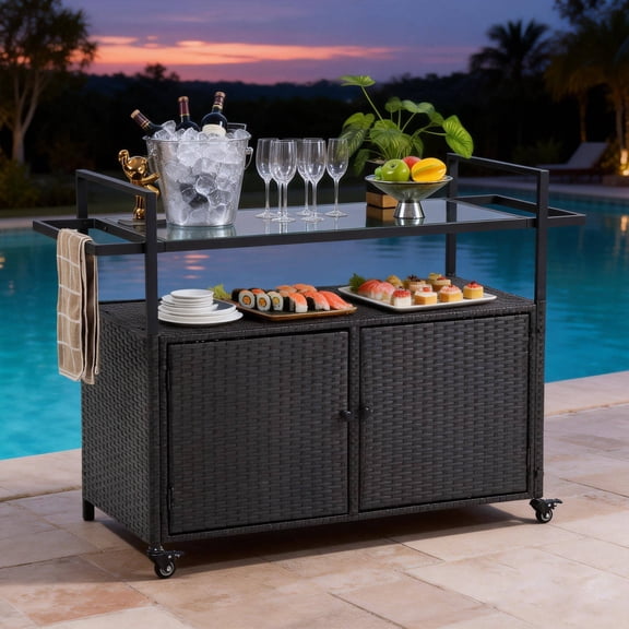 ENYOPRO Outdoor Bar Cart,Portable Outdoor Wicker Bar Cart,with Extra-Wide Glass Top & Smooth 360° Wheels , Rolling Beverage & Wine Serving Cart for Garden, Backyard