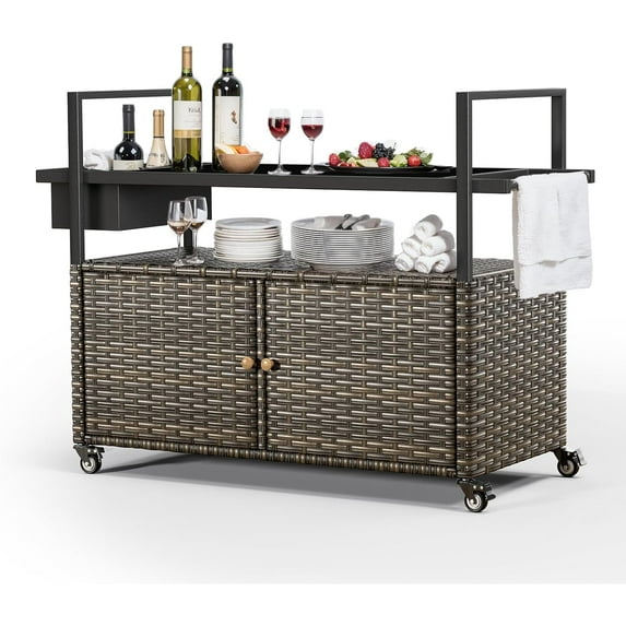 Outdoor Bar Cart with Storage Cabinet, Patio Bar Table with Tempered Glass Tabletop, Outdoor Serving Grill Cart with Rolling Wheels, Rattan Bar Cart for Patio, Backyard, Grey Wicker
