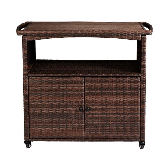 Outdoor Bar Cart with Storage Cabinet, Patio Wicker Sideboard Buffet Cabinet Prep Table, Outside Kitchen Serving Cart with Rolling Wheels & Handles, Brown