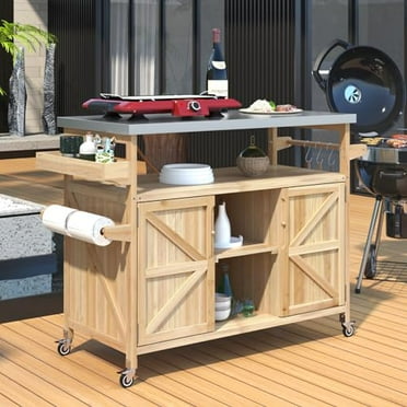 Outdoor Bar Cart with Storage Cabinet, Portable Rolling Kitchen Island Outdoor Console Prep Table with Stainless Steel Top for Grill, Kitchen & BBQ (Natural)