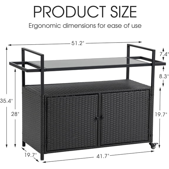 Outdoor Bar Cart Table - Console Storage Cabinet BBQ Grill Carts Buffet with Wheels Waterproof Wicker Serving Tables for Outside, Black