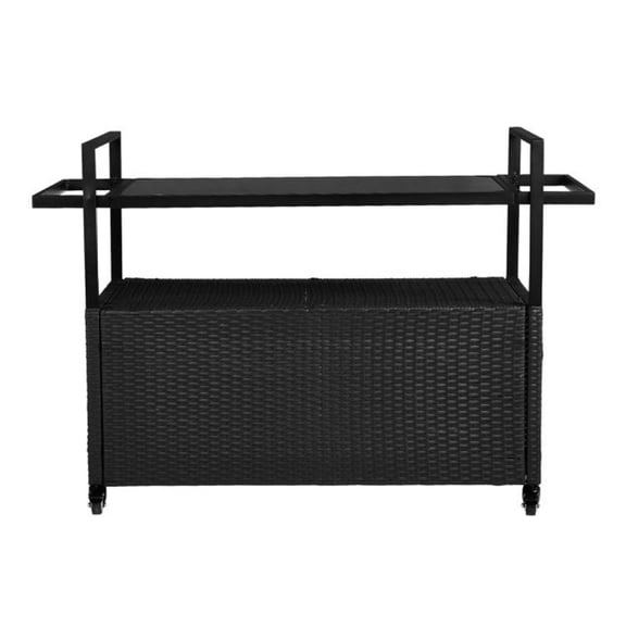 Outdoor Bar Cart Table, Large Wicker Island Rolling Cart, Wheeled Buffet Serving Cart with Glass Top & Storage Cabinet & Handles for Porch Backyard Garden Poolside, Black