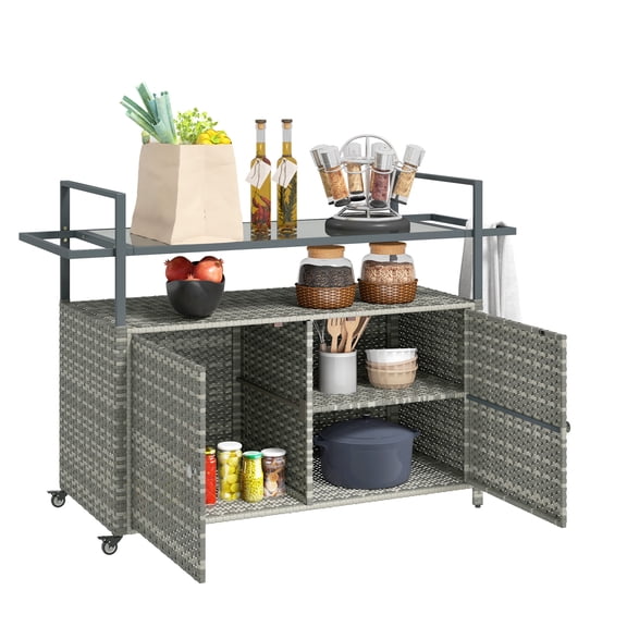 Outdoor Bar Cart with Glass Top, 2-Tier PE Rattan Serving Table with Cabinet - Mixed Gray