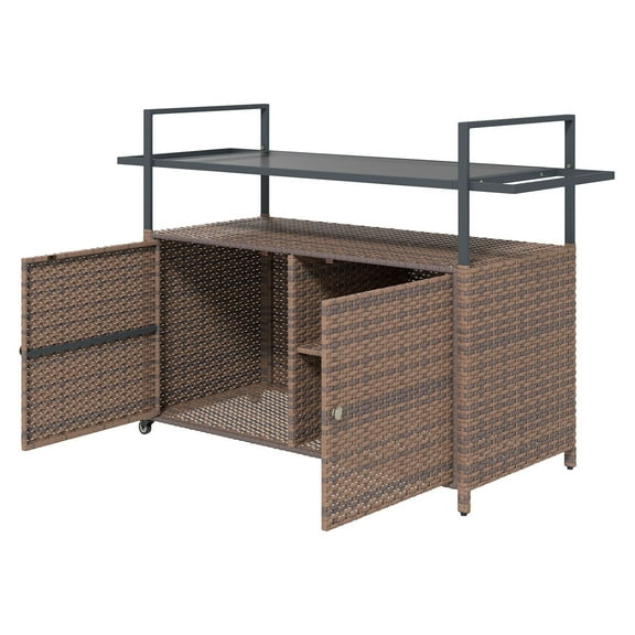Outdoor Bar Cart with Glass Top, PE Rattan Serving Cart with Cabinet - Mixed Brown