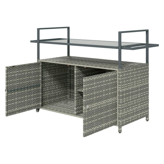 Outdoor Bar Cart with Glass Top & Storage - PE Rattan Patio Serving Cart - Mixed Gray - 2-Tier Shelf, Cabinet, Brakes - Outdoor Kitchen Island