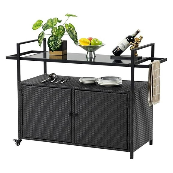 Outdoor Bar Cart with Storage, BBQ Grill Cart with Wheels, Waterproof Wicker Patio Console Table for Kitchen Island - Black