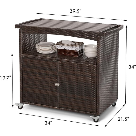 Outdoor Bar Cart with Storage Cabinet, Brown Wicker Sideboard Buffet Table with Poly Lumber Top, Rolling Wheels for  Kitchen