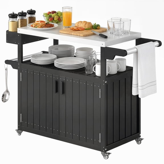 Outdoor Bar Cart with Storage, Stainless Steel Tabletop, Wheeled Kitchen Island, Black - Food Prep & Serving