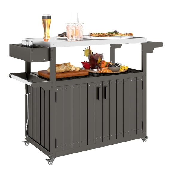 Outdoor Bar Cart with Storage, Stainless Steel Tabletop, Wheeled Kitchen Island, Gray
