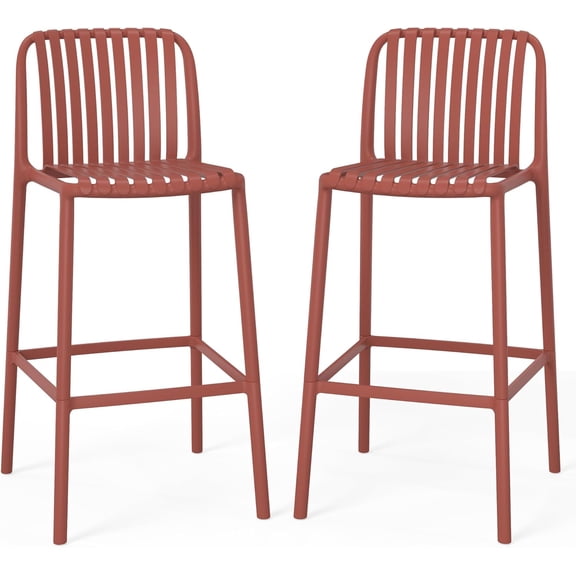 Outdoor Bar Chairs Set of 2, Pool Bar Stools with Footrest, Weather Resistance Bistro Island Chairs Counter Height Bar Stools for Balcony, Yard, Garden, Red