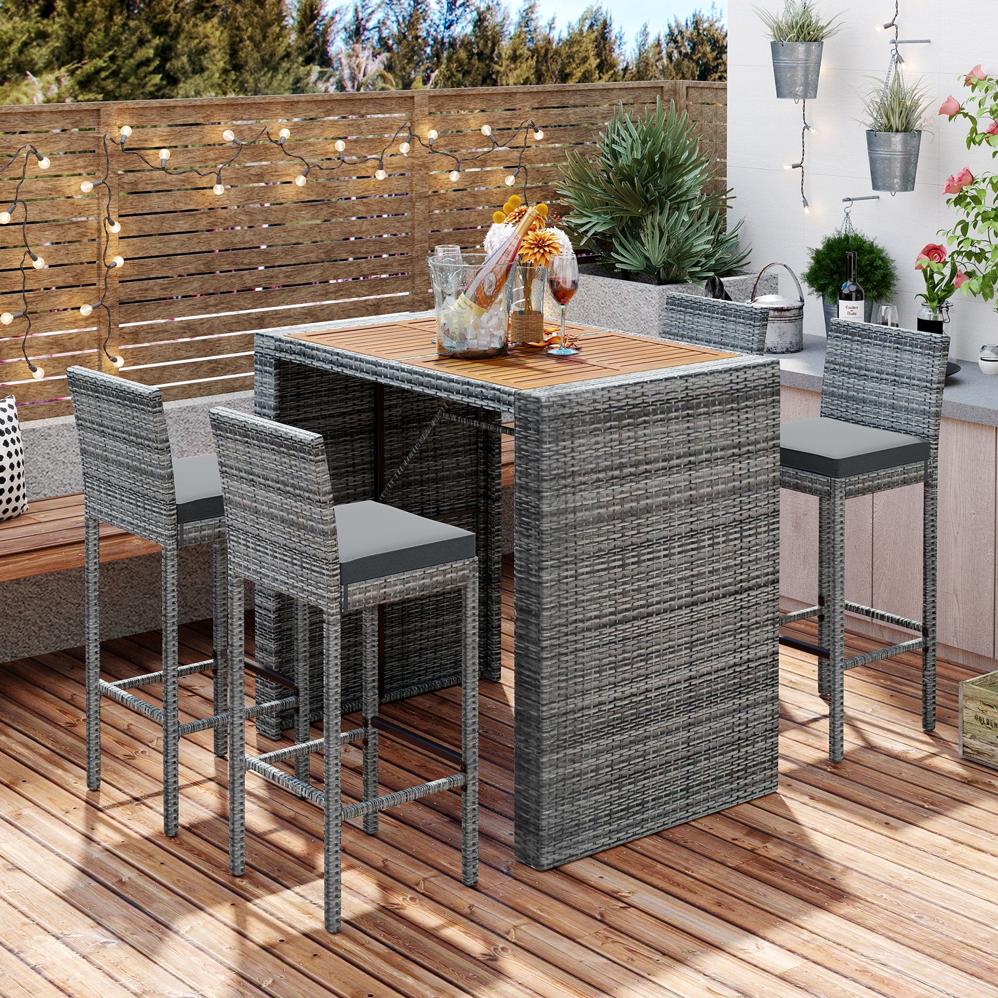 Outdoor Bar Dining Table Set, 5Pcs Rattan Patio Bistro Sets, Counter